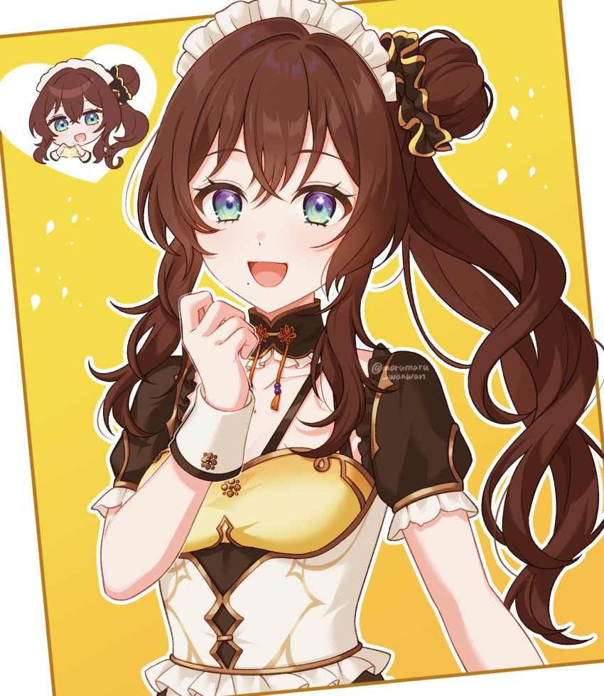 1girl, aqua_eyes, breasts, brown_dress, brown_hair, brown_sleeves, dress, frilled_hairband