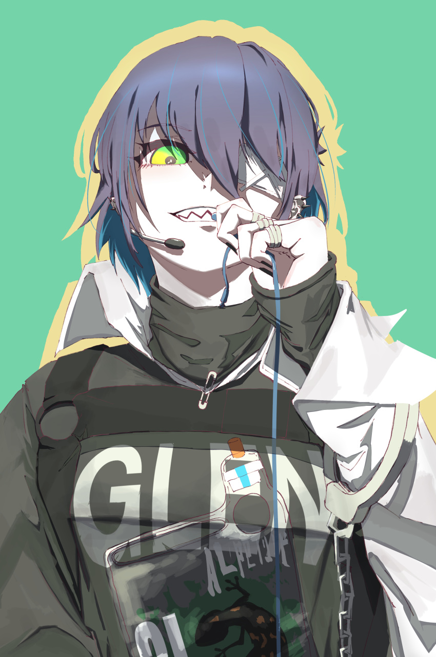 1girl, absurdres, arknights, asbestos_(arknights), asbestos_(glen_sonata)_(arknights), earrings, eyepatch, green_background