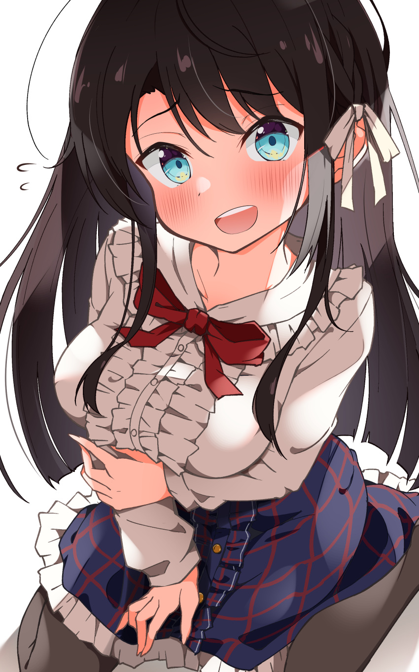 1girl, absurdres, black_pantyhose, blue_eyes, blue_skirt, blush, brown_hair, center_frills
