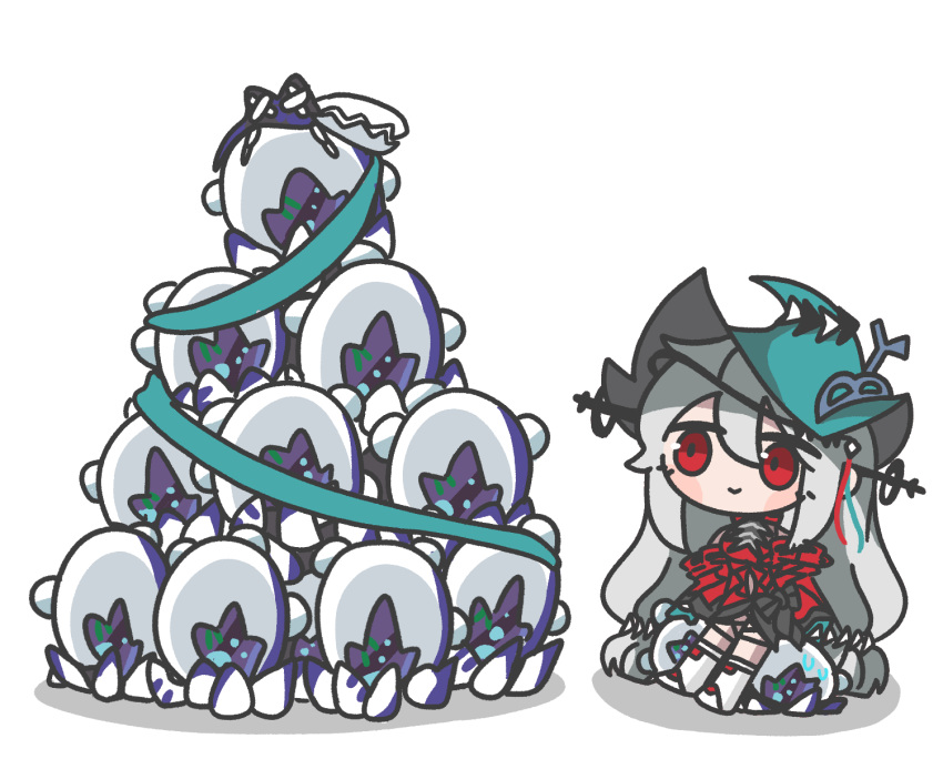1girl, :>, aqua_gloves, aqua_hat, arknights, ascot, banbon, black_ascot, blue_ribbon, blush_stickers, deformed, dress, full_body, gloves, grey_hair, hair_between_eyes, hair_ornament, hair_stick, hat, highres, korean_commentary, long_hair, long_sleeves, looking_at_monster, no_nose, pointy_hat, red_dress, red_eyes, red_ribbon, ribbon, seaborn_(arknights), shadow, shoes, sidelocks, simple_background, sitting, skadi_(arknights), skadi_the_corrupting_heart_(arknights), solo, stacking, very_long_hair, white_background, white_footwear