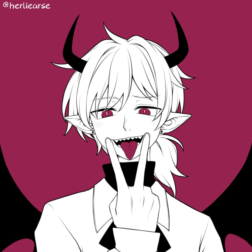 1boy, :d, artist_name, collared_shirt, commentary_request, demon_boy, demon_horns, demon_wings