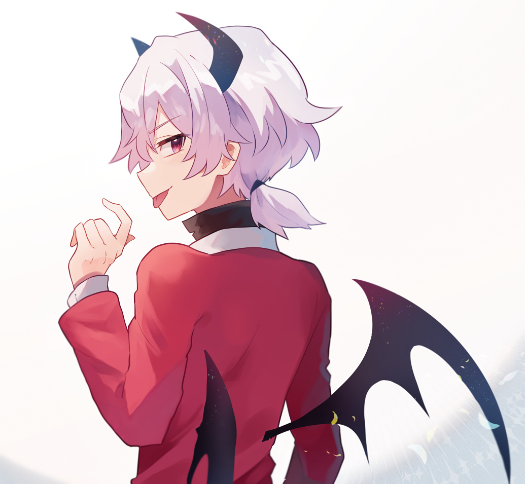 1boy, black_horns, black_wings, closed_mouth, commentary_request, demon_boy, demon_horns, demon_wings