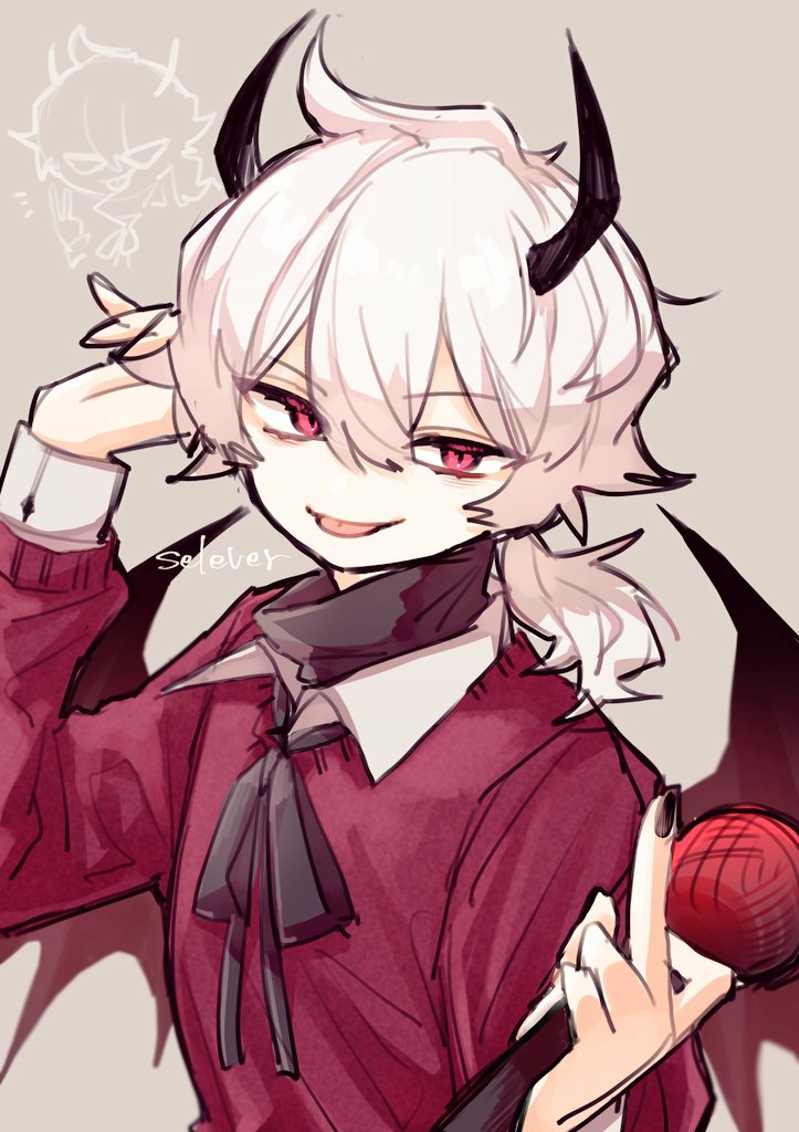 1boy, androgynous, black_horns, black_nails, black_ribbon, black_wings, brown_background, character_name, collared_shirt, commentary_request, demon_boy, demon_horns, demon_wings, double-parted_bangs, friday_night_funkin', hair_between_eyes, holding, holding_microphone, horns, humanization, layered_sleeves, long_sleeves, looking_at_viewer, low_ponytail, male_focus, microphone, middle_finger, nail_polish, neck_ribbon, ozu_(user_sjjz4357), pale_skin, pink_sweater, ribbon, selever_(friday_night_funkin'), shirt, short_hair, short_ponytail, simple_background, smile, solo, sweater, tongue, tongue_out, turtleneck, upper_body, white_hair, white_shirt, wings