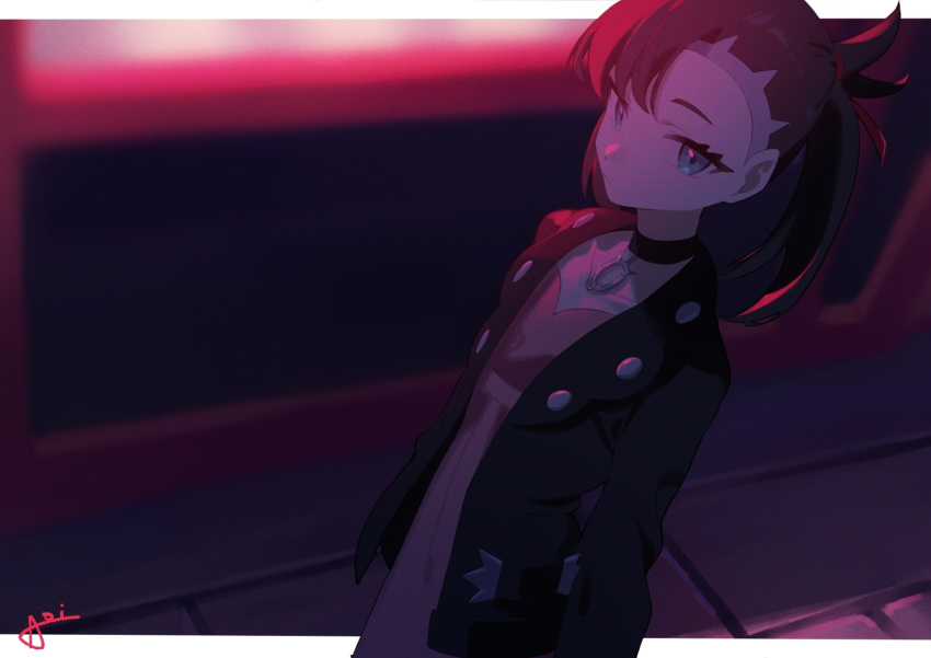 1girl, aoi_(altea0923), asymmetrical_bangs, black_choker, black_jacket, blurry, blurry_background, choker