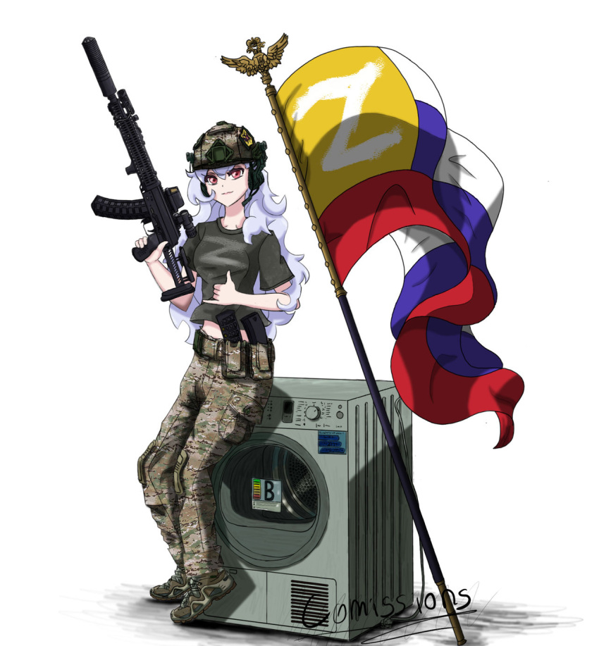 1girl, ak-74, alpha_(alpha_1918), ammunition, ammunition_belt, ammunition_pouch, asouprus, assault_rifle, belt, black_shirt, boots, camouflage, camouflage_pants, collarbone, combat_boots, combat_helmet, commission, digital_camouflage, flag, flagpole, fluffy, fluffy_hair, gun, hair_ornament, helmet, highres, holding, holding_gun, holding_weapon, kalashnikov_rifle, light_smile, lips, long_hair, midriff, midriff_peek, military, military_uniform, neck, optical_sight, original, pants, pocket, pouch, red_eyes, red_lips, rifle, russia, russian_empire, russian_flag, russo-ukrainian_war, shaka_sign, shirt, short_sleeves, sitting, smile, soldier, standing, suppressor, t-shirt, very_long_hair, war, washing_machine, waving_flag, weapon, white_hair, z_(russian_symbol)
