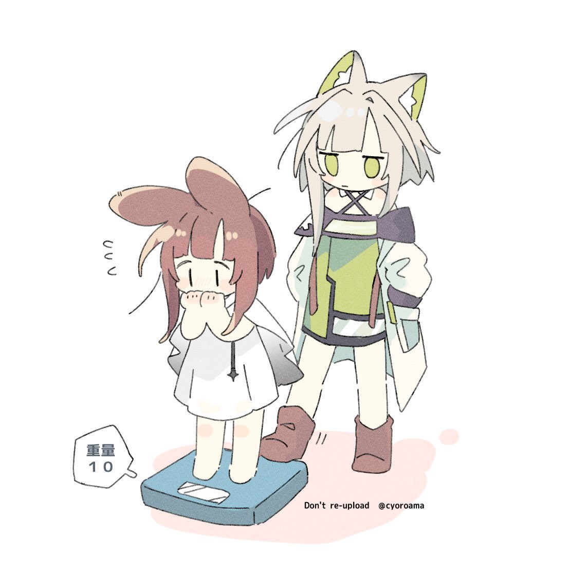 2girls, amiya_(arknights), amiya_(child)_(arknights), animal_ears, arknights, bathroom_scale, brown_hair, cat_ears