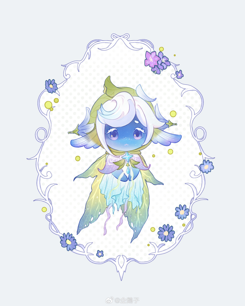 :<, absurdres, blue_background, blue_dress, brooch, character_request, chinese_commentary, cloak, closed_mouth, commentary_request, dress, faewish_sprite, flower, freckles, frown, green_cloak, highres, hood, hood_up, hooded_cloak, infinity_nikki, jewelry, leaf, long_dress, nikki_(series), no_humans, picture_frame, polka_dot, polka_dot_background, punupunu, purple_flower, short_hair, solo, star_brooch, two-tone_background, violet_eyes, weibo_watermark, white_background, white_hair