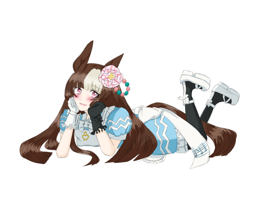 1girl, animal_ears, blush, brown_hair, commentary_request, full_body, gloves, hair_between_eyes