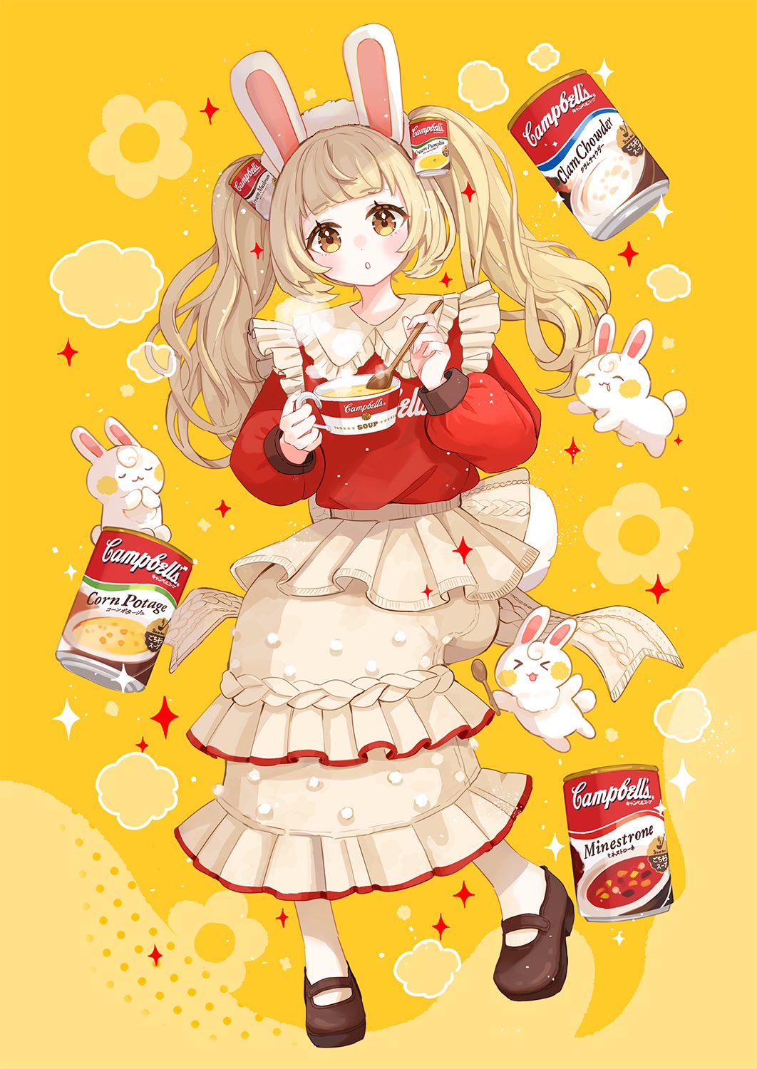 1girl, :o, animal_ears, blonde_hair, blunt_bangs, brown_footwear, brown_skirt, campbell's, canned_soup, cup, fake_animal_ears, food, frilled_skirt, frills, full_body, hair_ornament, hands_up, highres, holding, holding_cup, holding_ladle, ladle, light_blush, long_hair, long_sleeves, looking_at_viewer, mary_janes, original, parted_lips, product_placement, rabbit, rabbit_ears, red_shirt, shirt, shoes, skirt, solo, twintails, yellow_background, yellow_eyes, yutukicom