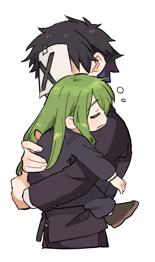 2boys, aged_down, black_hair, black_pants, black_suit, brown_footwear, bubble, carrying