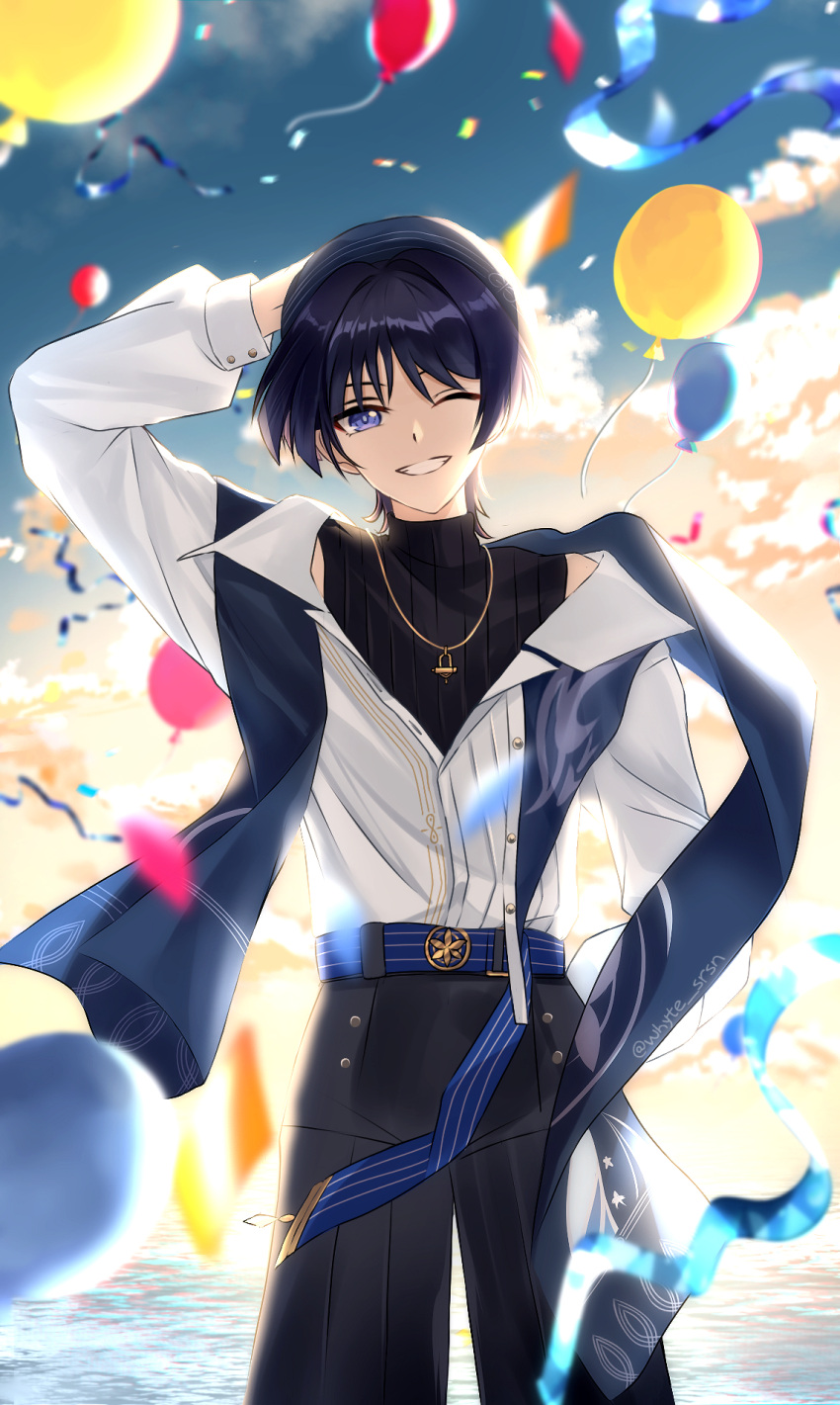 1boy, alternate_costume, arm_at_side, arm_up, backlighting, balloon, belt, beret