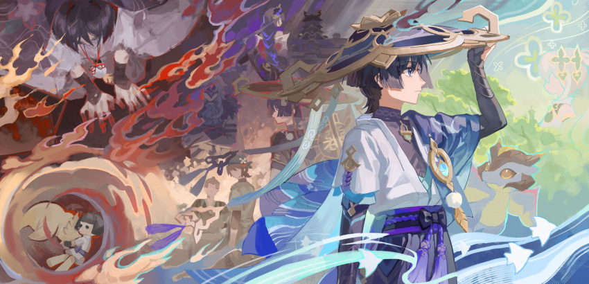 2girls, 6+boys, absurdres, anemo_symbol_(genshin_impact), animalization, aqua_hair, architecture, arm_at_side