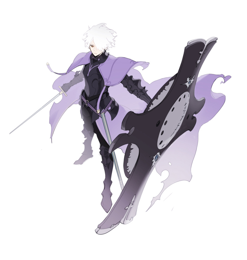 1boy, armor, armored_boots, asymmetrical_dual_wielding, boots, breastplate, cape, capelet