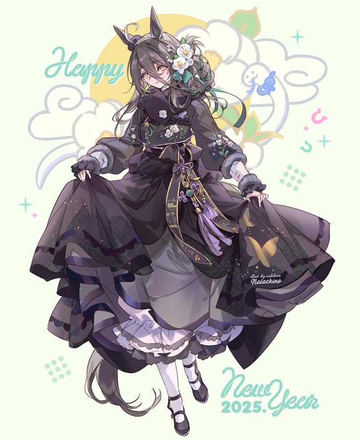 1girl, 2025, animal_ears, black_bow, black_dress, black_footwear, black_hair, black_scarf
