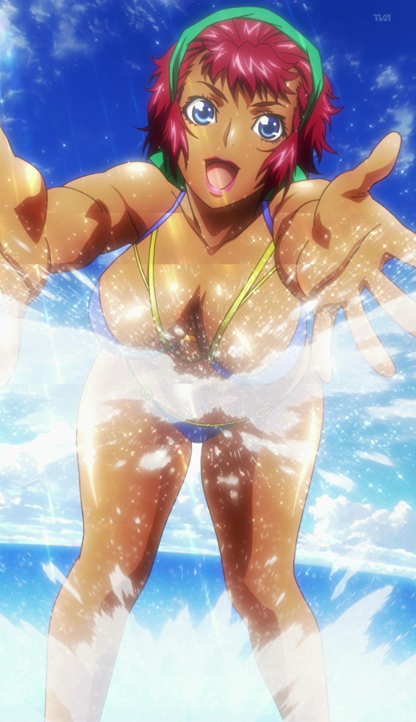 absurdres, bikini, blue_eyes, cloud, clouds, dark_skin, hairband, highres