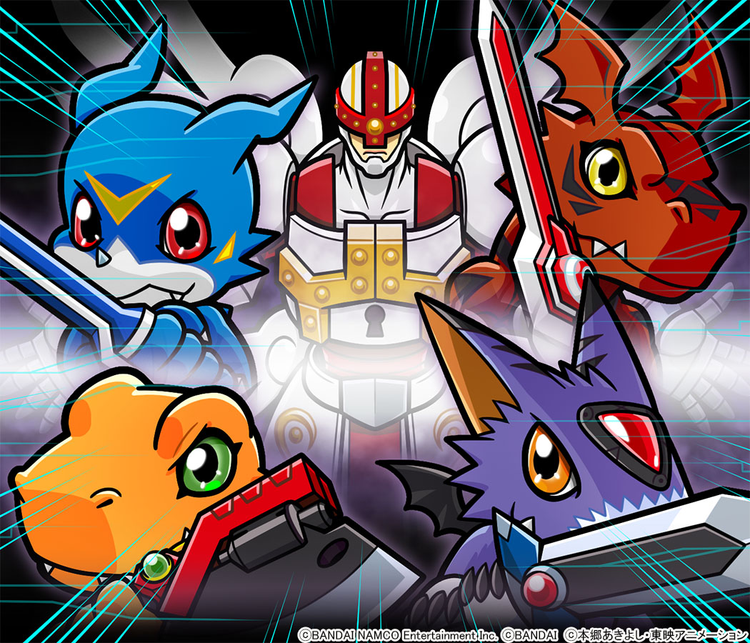 agumon, axe, black_wings, body_fur, clavisangemon, digimon, digimon_(creature), digimon_world_x, dorumon, dragon, green_eyes, group_picture, guilmon, holding, holding_axe, holding_sword, holding_weapon, official_art, purple_fur, red_eyes, sword, v-mon, weapon, wings, yellow_eyes