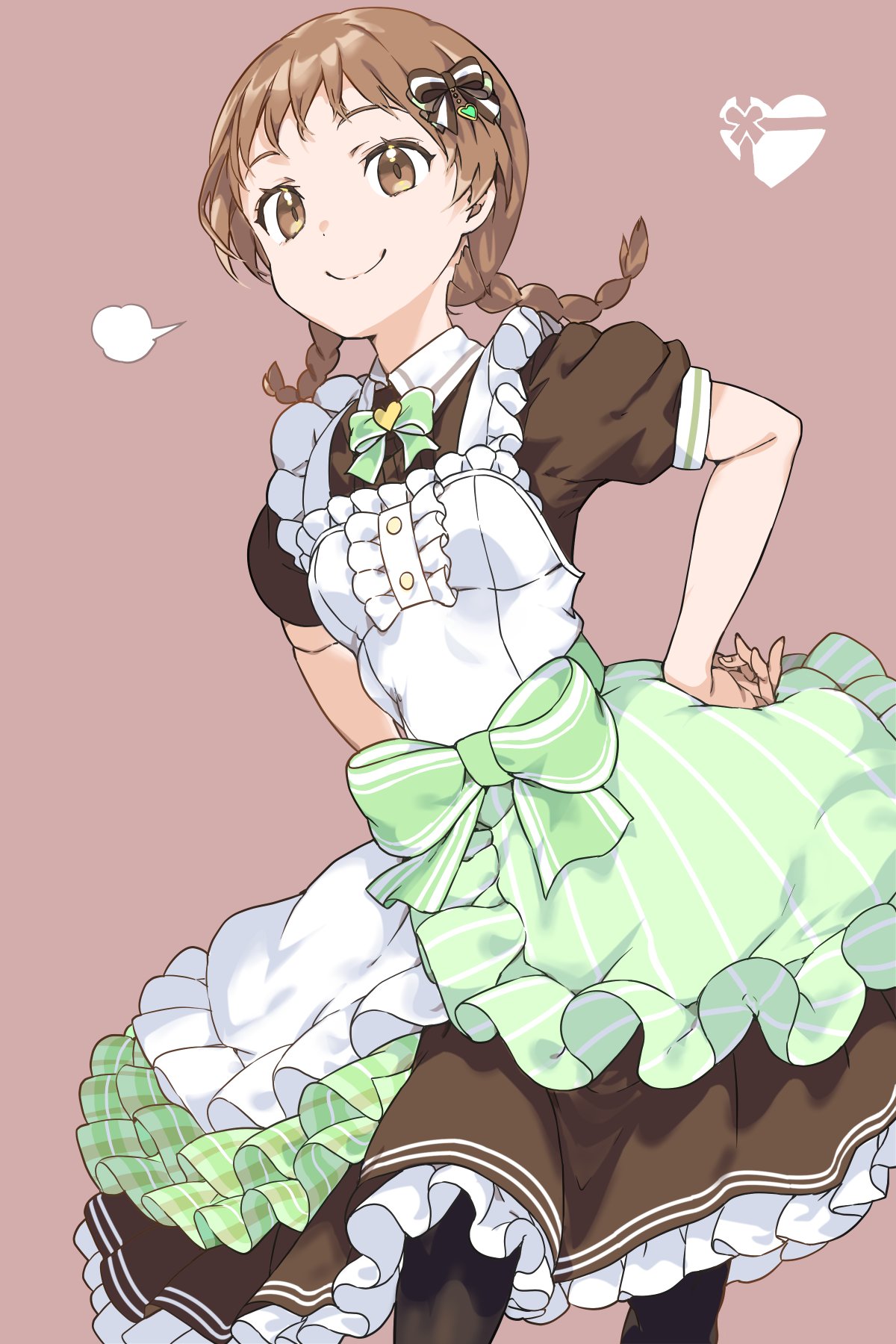 1girl, apron, bow, braid, breasts, brown_background, brown_bow, brown_dress