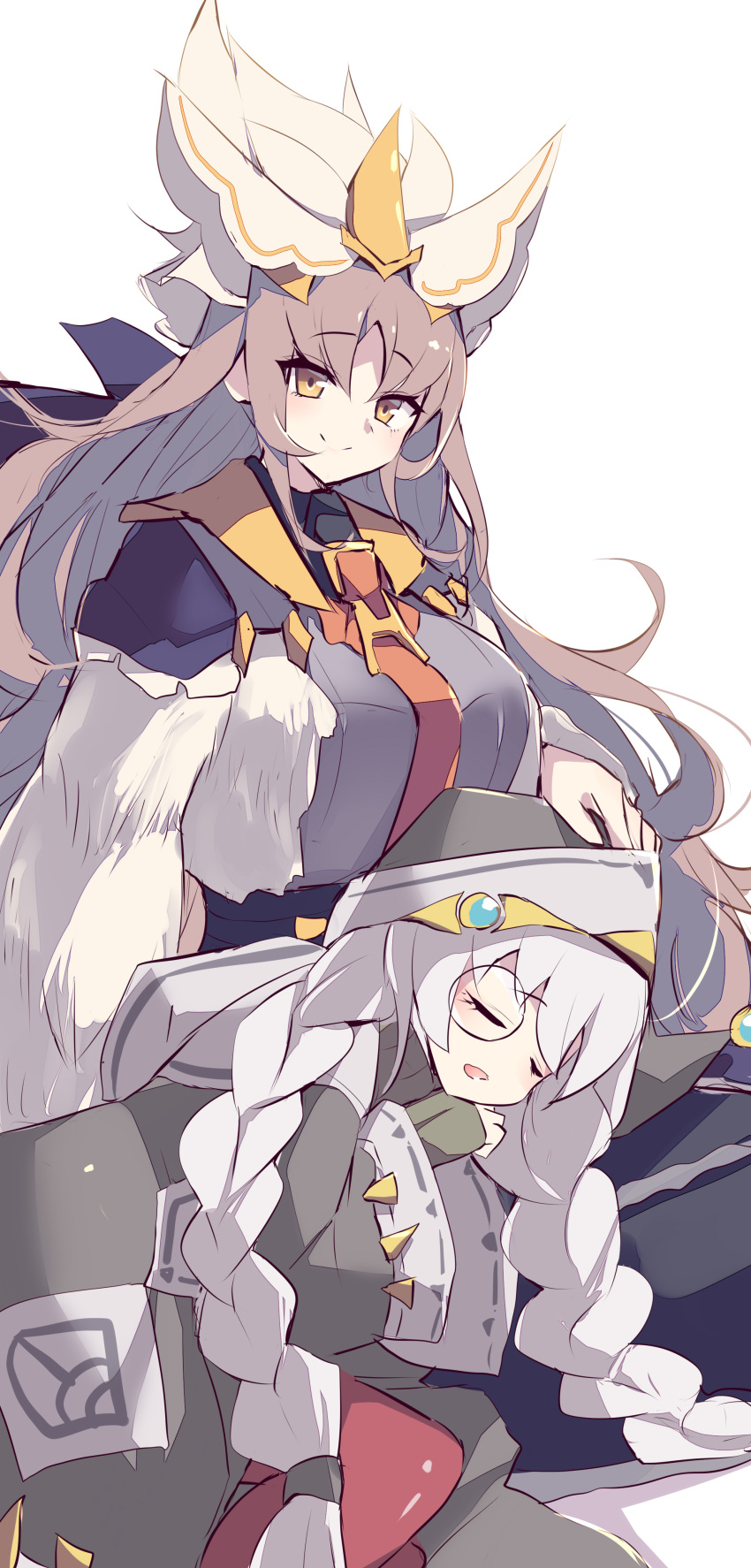 2girls, absurdres, astellar_of_the_white_forest, braid, breasts, brown_hair, closed_eyes, diabellstar_the_black_witch