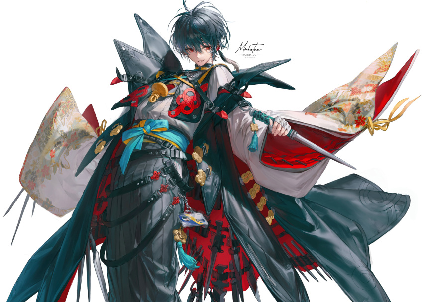 1other, :d, absurdres, aqua_ribbon, aqua_sash, artist_name, black_cape, black_hair, black_skirt, cape, cape_holster, datan_uu, english_commentary, feet_out_of_frame, grin, hand_wraps, highres, holding, holding_weapon, id_card, long_skirt, long_sleeves, looking_at_viewer, medium_hair, original, red_eyes, ribbon, shirt, simple_background, skirt, smile, solo, teeth, twitter_username, weapon, weapon_request, white_background, white_shirt, wide_sleeves