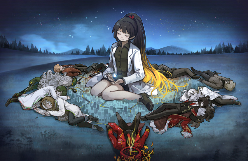 1other, 4girls, 6+boys, ahab_(project_moon), black_gloves, black_pants, brown_hair, brown_hoodie
