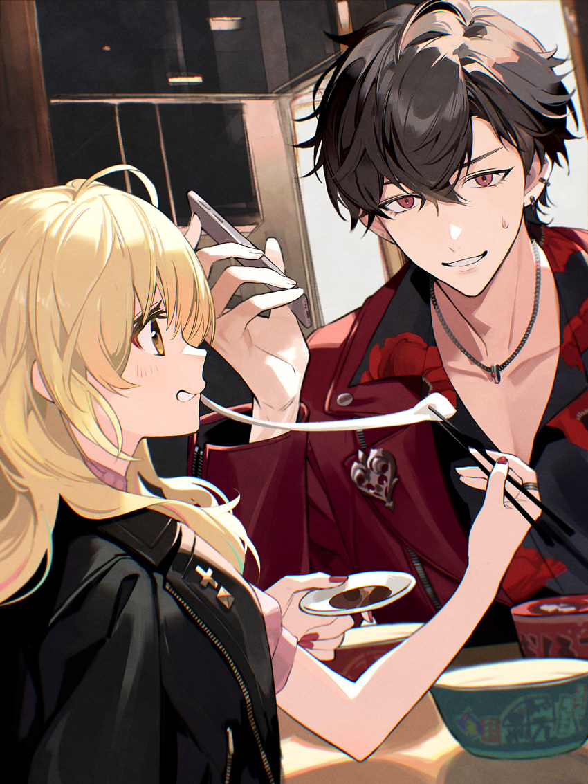 1boy, 1girl, absurdres, ahoge, aqua_hair, black_hair, black_jacket, black_shirt, blonde_hair, bowl, cellphone, chopsticks, collarbone, eating, food, grin, hand_up, highres, holding, holding_chopsticks, holding_phone, hoshikawa_sara, hoshikawa_sara_(8th_costume), iv_4t, jacket, long_bangs, long_hair, looking_at_another, multicolored_hair, nijisanji, official_alternate_hairstyle, phone, pink_hair, profile, red_eyes, red_jacket, red_nails, shirt, short_hair, small_sweatdrop, smartphone, smile, upper_body, virtual_youtuber, yellow_eyes, yumeoi_kakeru, yumeoi_kakeru_(6th_costume)
