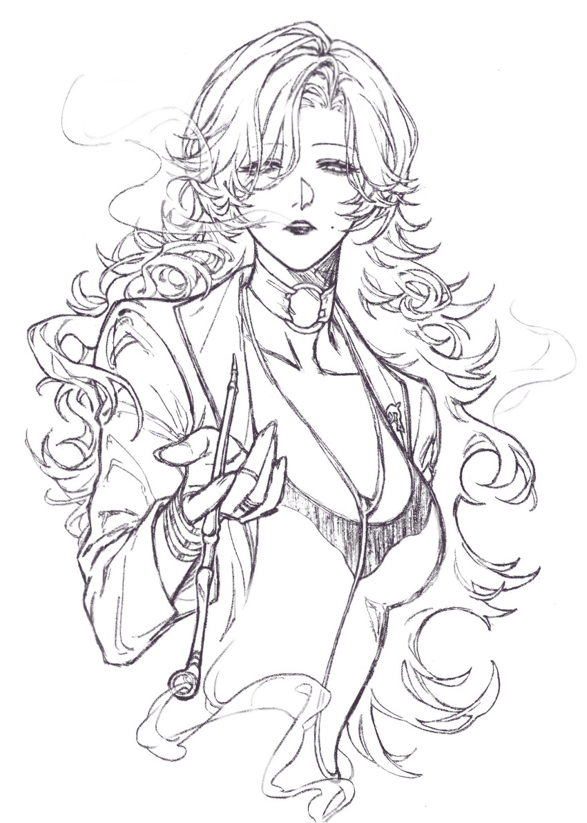 1girl, blowing_smoke, breasts, choker, claireomills, commentary_request, cropped_torso, curly_hair