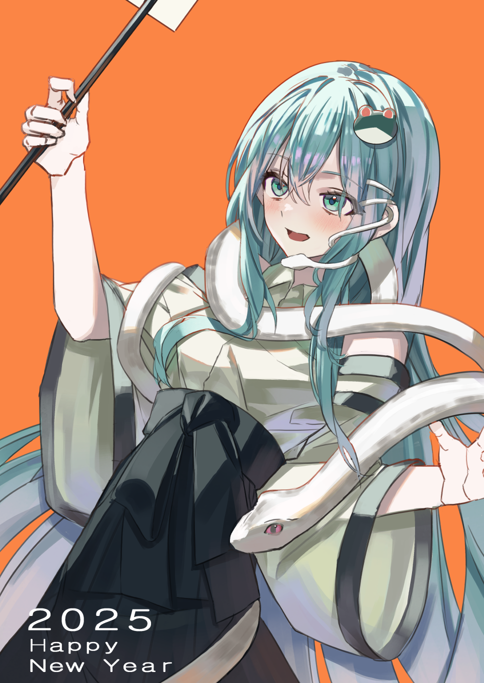 1girl, 2025, adapted_costume, aqua_hair, bare_shoulders, black_hakama, blush, collared_shirt, commentary, cowboy_shot, crossed_bangs, dutch_angle, ehdghks500, frog_hair_ornament, gohei, green_eyes, hair_ornament, hakama, hands_up, happy_new_year, highres, holding, holding_gohei, japanese_clothes, kochiya_sanae, korean_commentary, long_hair, long_sleeves, looking_ahead, open_mouth, orange_background, shirt, sidelocks, simple_background, snake, snake_hair_ornament, solo, standing, touhou, very_long_hair, white_shirt, white_sleeves, wide_sleeves, wing_collar