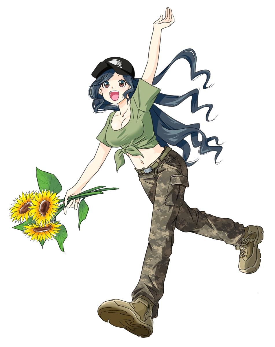 arm_up, belt, black_hat, blue_hair, boots, breasts, brown_eyes, brown_footwear