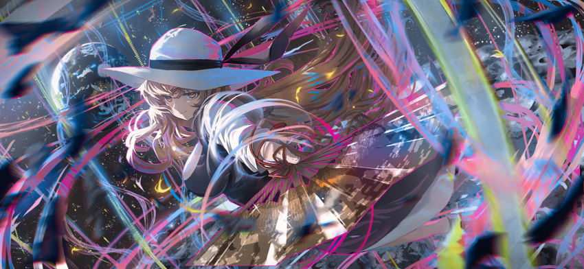 1girl, blonde_hair, breasts, closed_mouth, commentary_request, dress, earth_(planet), folding_fan