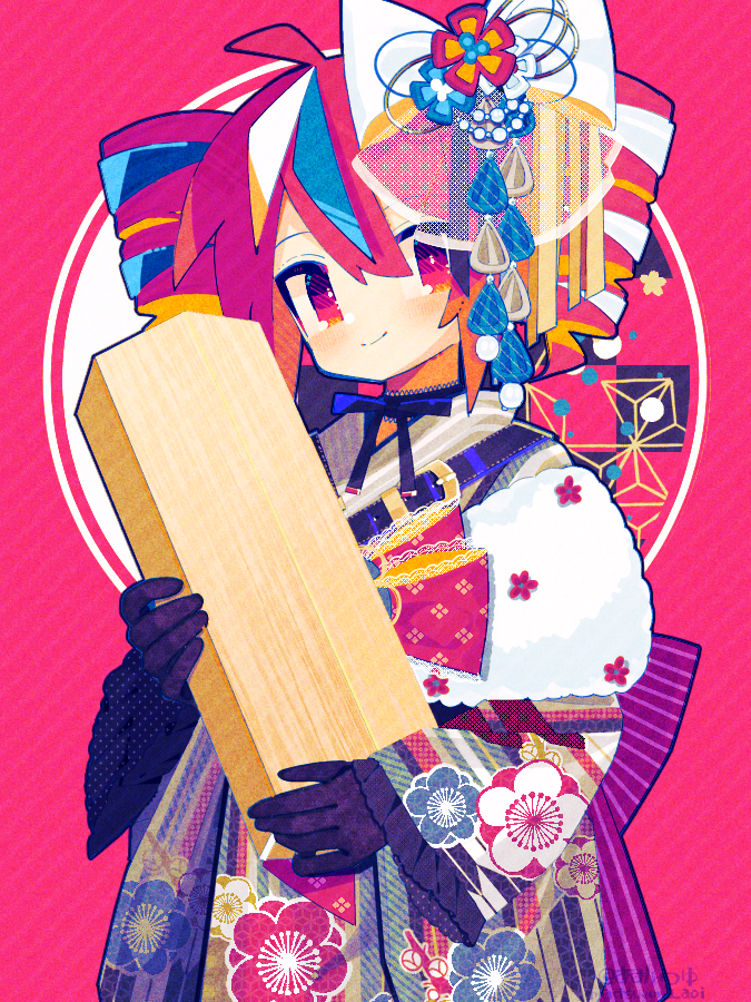 ahoge, alternate_costume, aoi_tsuyu, back_bow, black_ribbon, blue_kimono, blush, bow