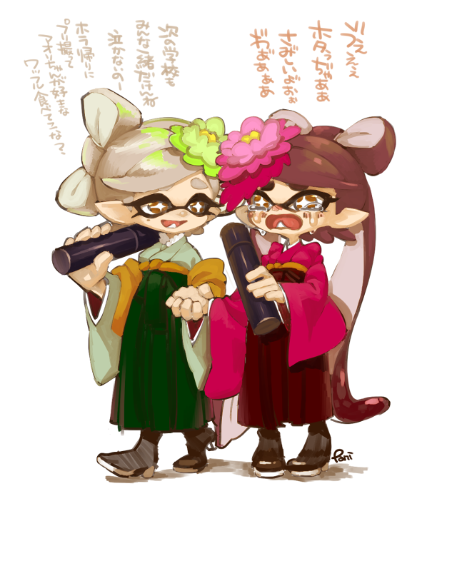 2girls, artist_name, black_footwear, bow-shaped_hair, bright_pupils, brown_eyes, brown_hair, callie_(splatoon)