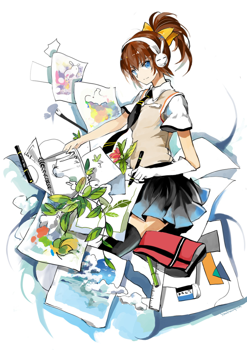 black_thighhighs, blue_eyes, bow, brand_name_imitation, brown_hair, eraser, hair_bow, headphones