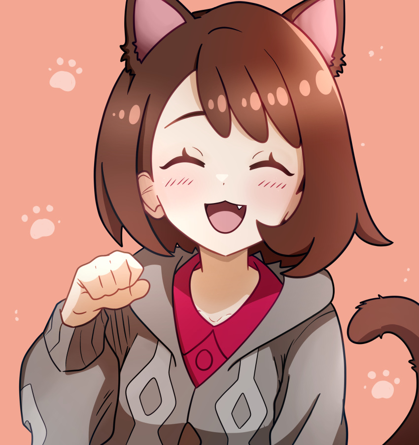 1girl, :d, absurdres, animal_ears, blush, brown_hair, cardigan, cat_ears, cat_girl, cat_tail, clenched_hand, closed_eyes, collared_dress, commentary, dress, eyelashes, facing_viewer, fangs, gloria_(pokemon), grey_cardigan, hand_up, happy, highres, muis0802, open_mouth, paw_pose, paw_print, pink_background, pink_dress, pokemon, short_hair, smile, solo, tail, tongue, upper_body