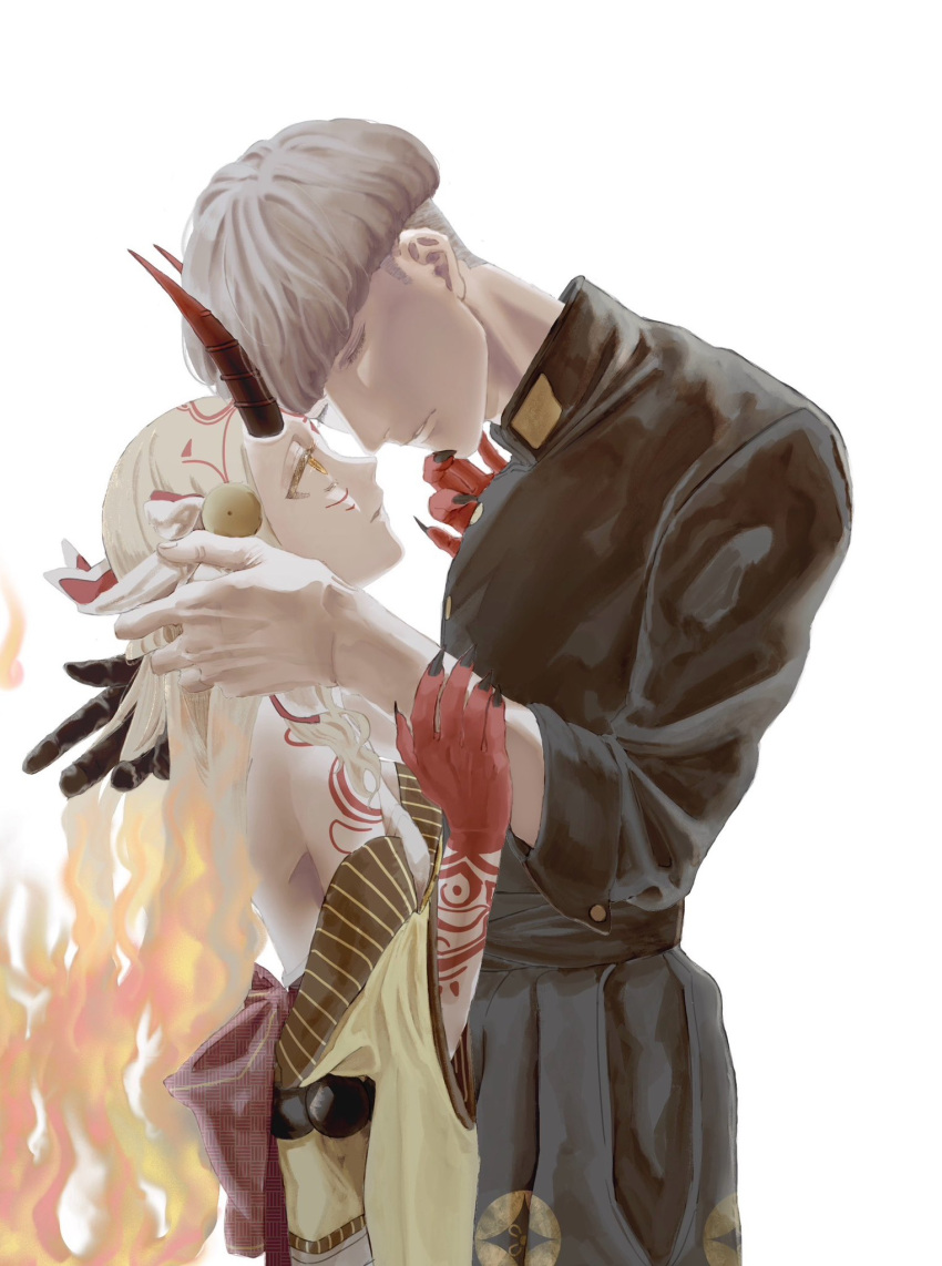 1boy, 1girl, bare_shoulders, black_jacket, blonde_hair, body_markings, closed_eyes, commentary_request, eieio006, facial_mark, fate/grand_order, fate_(series), fingernails, fire, grey_hair, hetero, highres, horns, ibaraki_douji_(fate), jacket, japanese_clothes, kimono, looking_at_another, oni, profile, sharp_fingernails, watanabe_no_tsuna_(fate), yellow_kimono