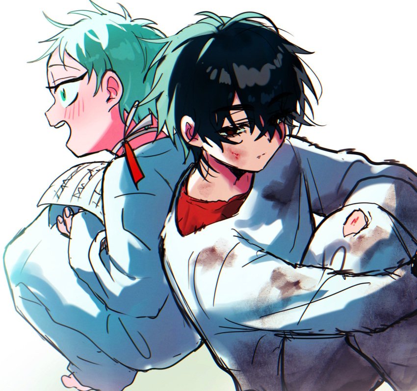 2boys, 7eiaq3939, aged_down, alien_stage, black_eyes, black_hair, blood, blood_on_face, closed_mouth, commentary_request, dirty, dirty_clothes, expressionless, green_eyes, grey_hair, highres, holding, holding_paper, ivan_(alien_stage), knees_up, layered_shirt, multiple_boys, open_mouth, pants, paper, red_pupils, red_shirt, shirt, short_hair, simple_background, sitting, smile, till_(alien_stage), very_short_hair, white_background, white_pants, white_shirt