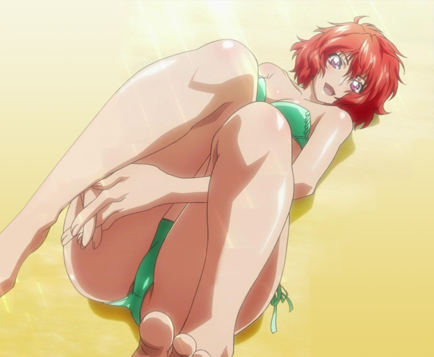bandeau, bikini, highres, ibis_douglas, orange_hair, purple_eyes, screencap, side-tie_bikini