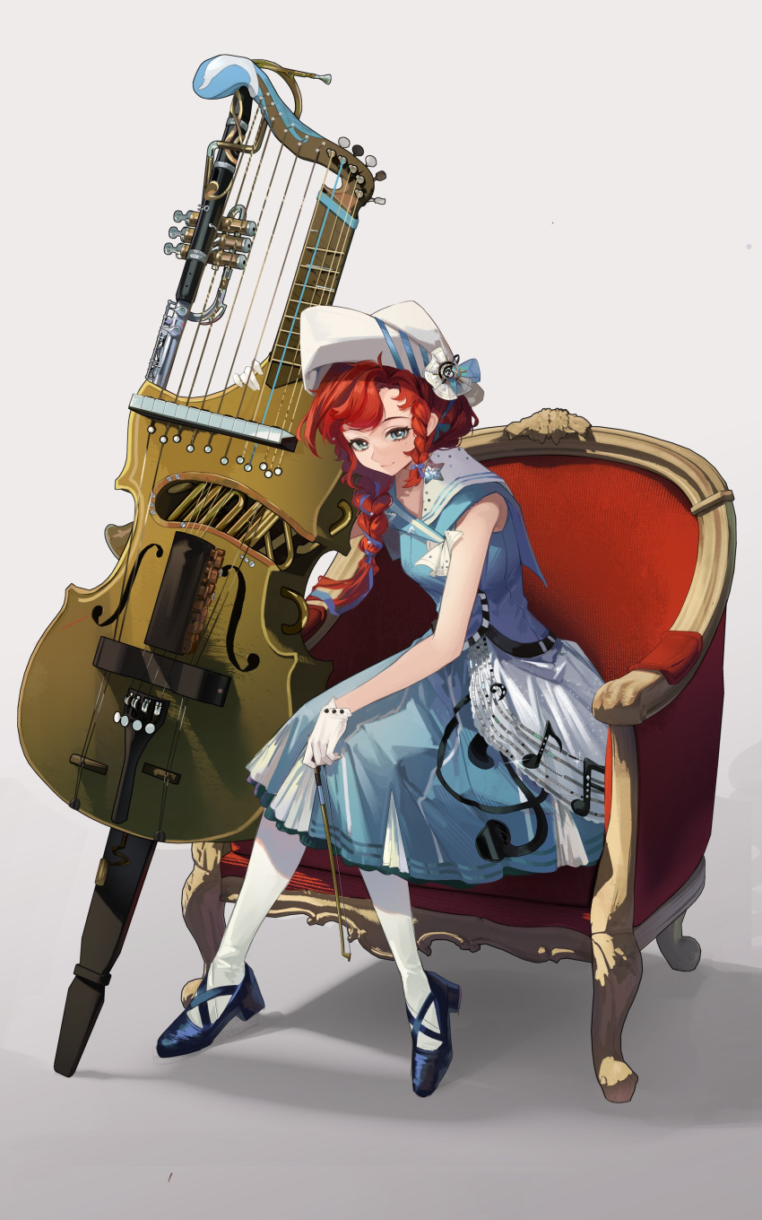 1girl, absurdres, armchair, barcarola_(reverse:1999), bare_arms, bare_shoulders, bass_clef, beamed_sixteenth_notes, black_footwear, blue_eyes, blue_shirt, blue_skirt, bow_(music), braid, braided_sidelock, chair, closed_mouth, dixie_cup_hat, eighth_note, full_body, gloves, grey_background, hat, highres, holding, holding_bow_(music), instrument, kuroja, long_braid, long_hair, long_skirt, looking_at_viewer, military_hat, musical_note, musical_note_print, on_chair, pantyhose, print_skirt, redhead, reverse:1999, sailor_collar, shirt, sitting, skirt, sleeveless, sleeveless_shirt, smile, solo, staff_(music), treble_clef, twin_braids, white_gloves, white_hat, white_pantyhose