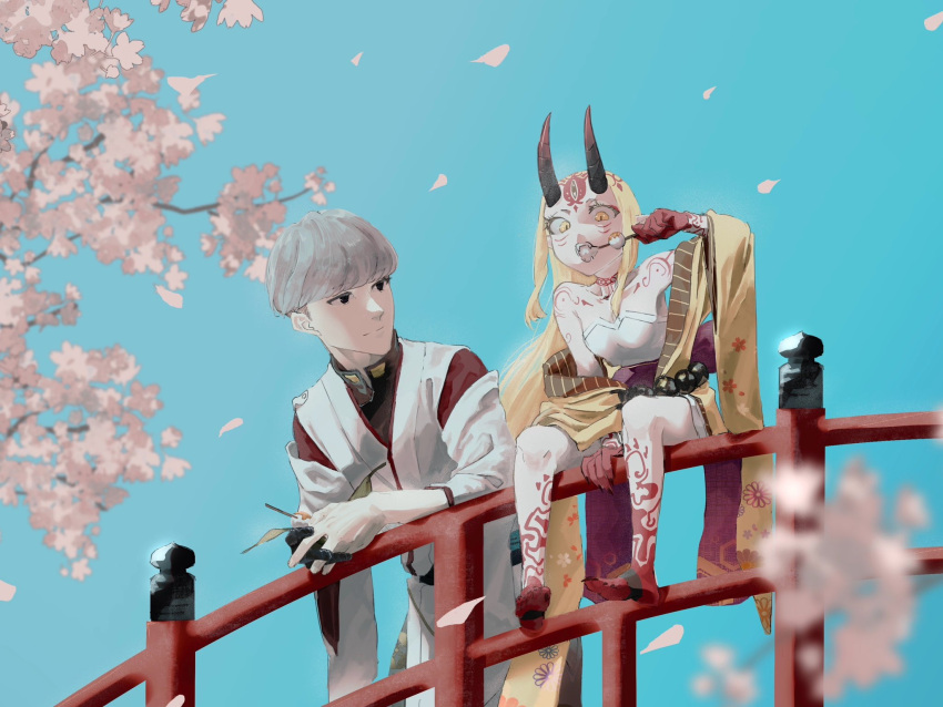 1boy, 1girl, bare_shoulders, black_eyes, blonde_hair, blue_sky, body_markings, cherry_blossoms, commentary_request, dango, eating, eieio006, facial_mark, fate/grand_order, fate_(series), food, forehead_mark, grey_hair, highres, horns, ibaraki_douji_(fate), japanese_clothes, kimono, looking_at_another, oni, outdoors, railing, sitting, sky, smile, wagashi, watanabe_no_tsuna_(fate), wind, yellow_eyes