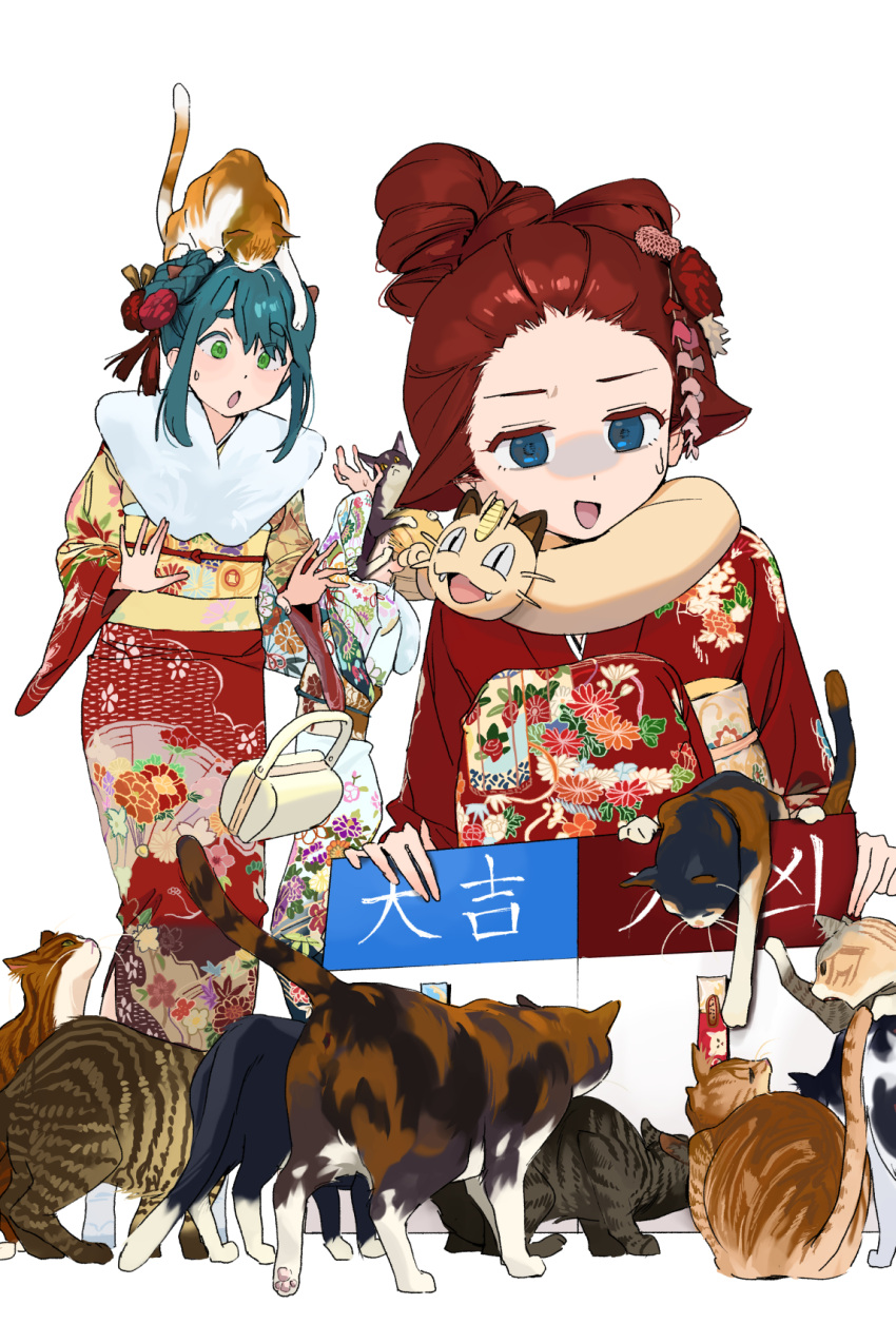 3girls, aqua_eyes, aqua_hair, black_cat, blonde_hair, cat, chaucer_(some1else45), commentary_request
