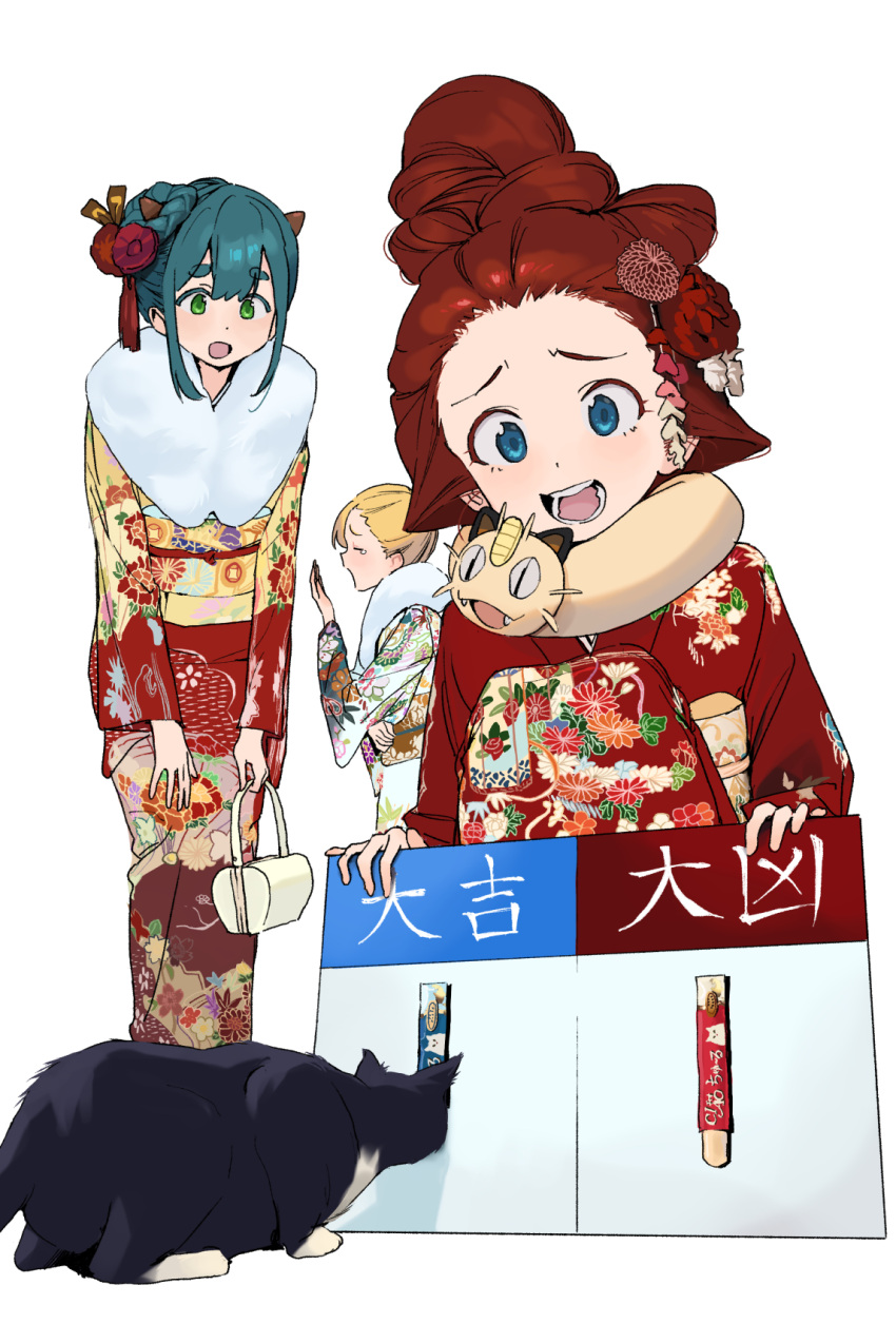 3girls, aqua_eyes, aqua_hair, black_cat, blonde_hair, cat, chaucer_(some1else45), commentary_request