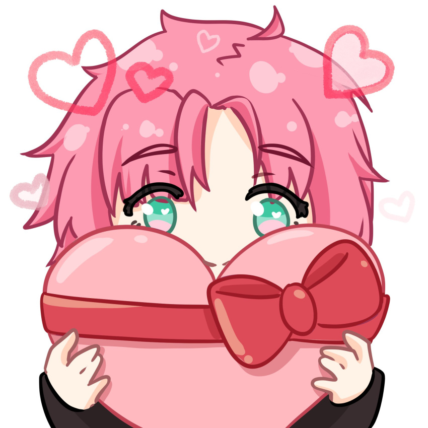1boy, bow, box, commentary, globie, green_eyes, heart, heart-shaped_box