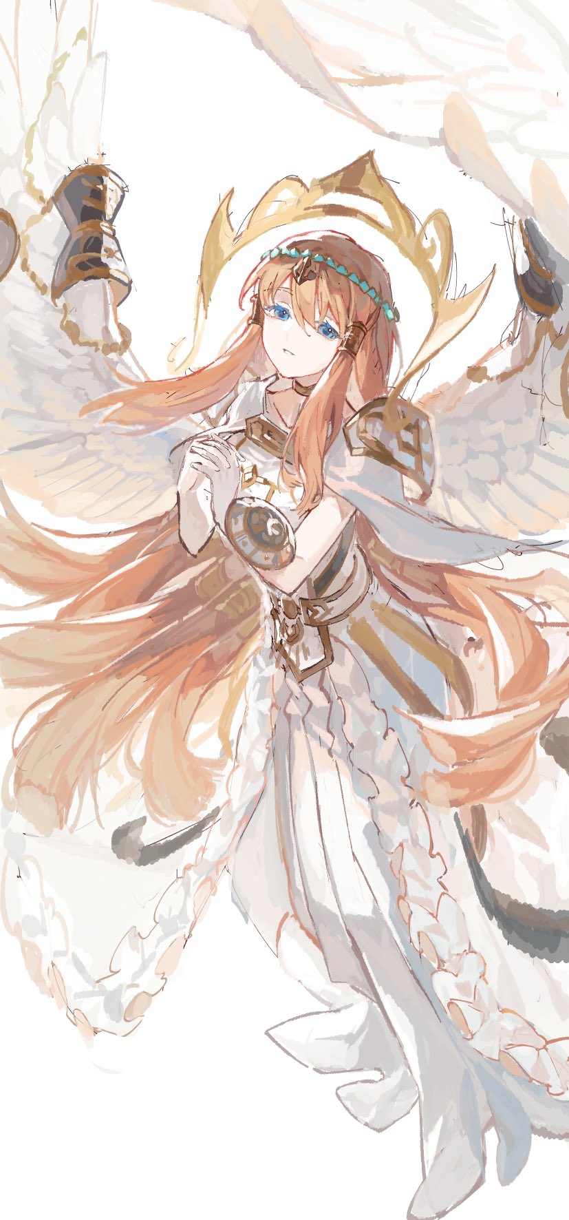 1girl, angel, angel_wings, blue_eyes, dress, duel_monster, feathered_wings, full_body