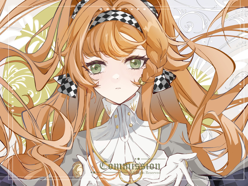 1girl, absurdres, asymmetrical_sidelocks, braided_sidelock, checkered_hairband, closed_mouth, commission, dress
