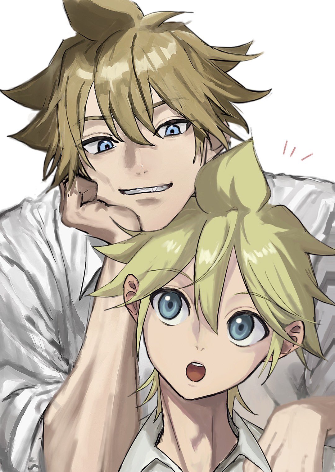 arm_rest, arm_up, blonde_hair, blue_eyes, collared_shirt, commentary_request, dual_persona, eye_contact