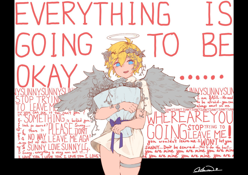 1boy, alternate_costume, angel_wings, antenna_hair, basil_(faraway)_(omori), basil_(omori), blonde_hair, blue_eyes