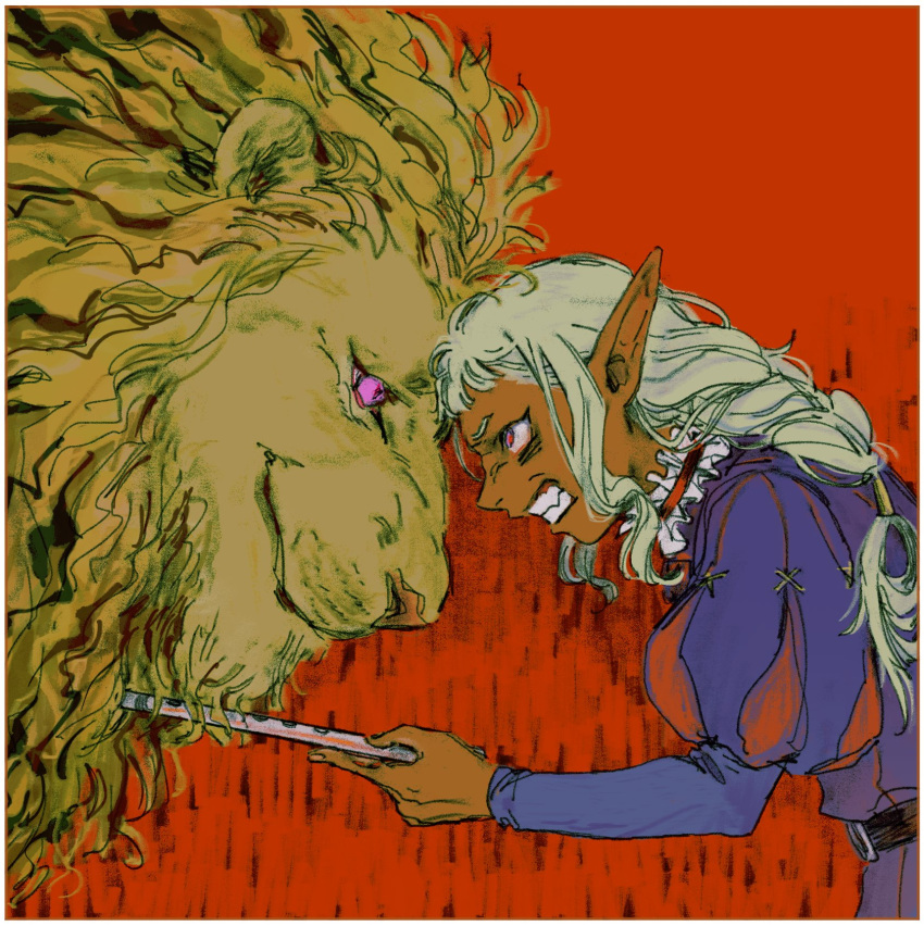 11agares, 1boy, angry, blonde_hair, braid, clenched_teeth, colored_sclera, dark-skinned_male