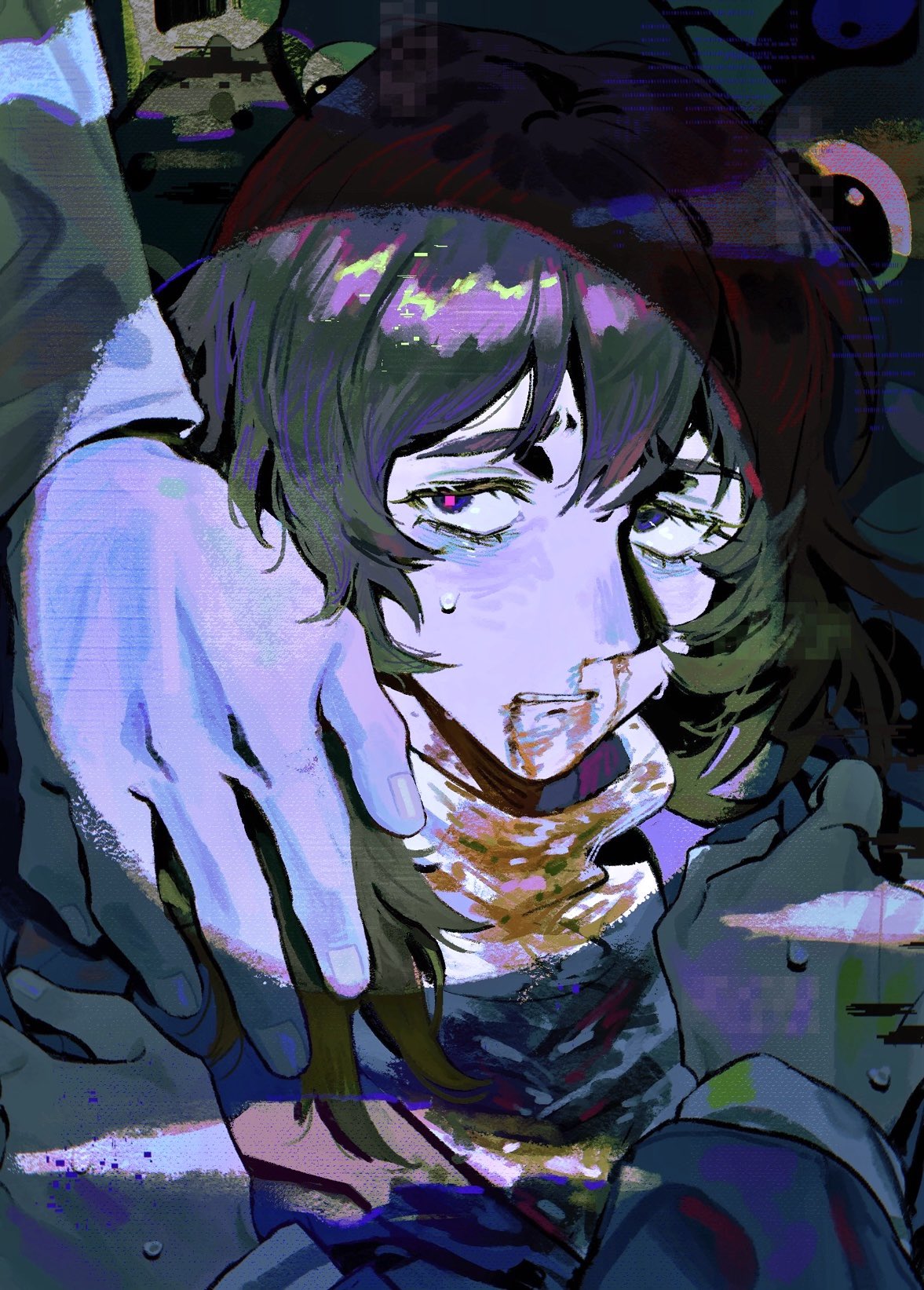 1girl, a-kai202, anya_(mouthwashing), bags_under_eyes, black_hair, blood, blood_from_mouth, blood_on_clothes