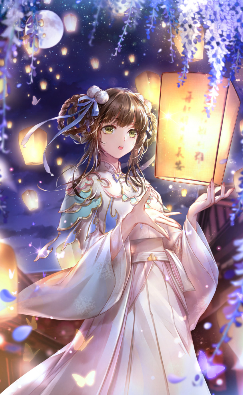 1girl, absurdres, armor, artist_request, belt, boat, braid, braided_hair_rings, brown_hair, bug, butterfly, capelet, chi_xiaoyu, chinese_clothes, collared_capelet, cowboy_shot, dot_nose, eyelashes, flower, full_moon, green_eyes, hair_ornament, hair_ribbon, hair_rings, hanfu, highres, lake, lantern, light_particles, long_hair, long_sleeves, looking_at_object, moon, nail_polish, night, night_sky, nikki_(series), object_floating_above_hand, official_art, open_mouth, outdoors, paper_lantern, pauldrons, pink_hanfu, pink_nails, pom_pom_(clothes), pom_pom_hair_ornament, purple_flower, purple_ribbon, ribbon, shining_nikki, shoulder_armor, sky, solo, standing, star_(sky), starry_sky, teeth, third-party_source, upper_teeth_only, watercraft, white_belt, white_capelet, wide_sleeves, wisteria