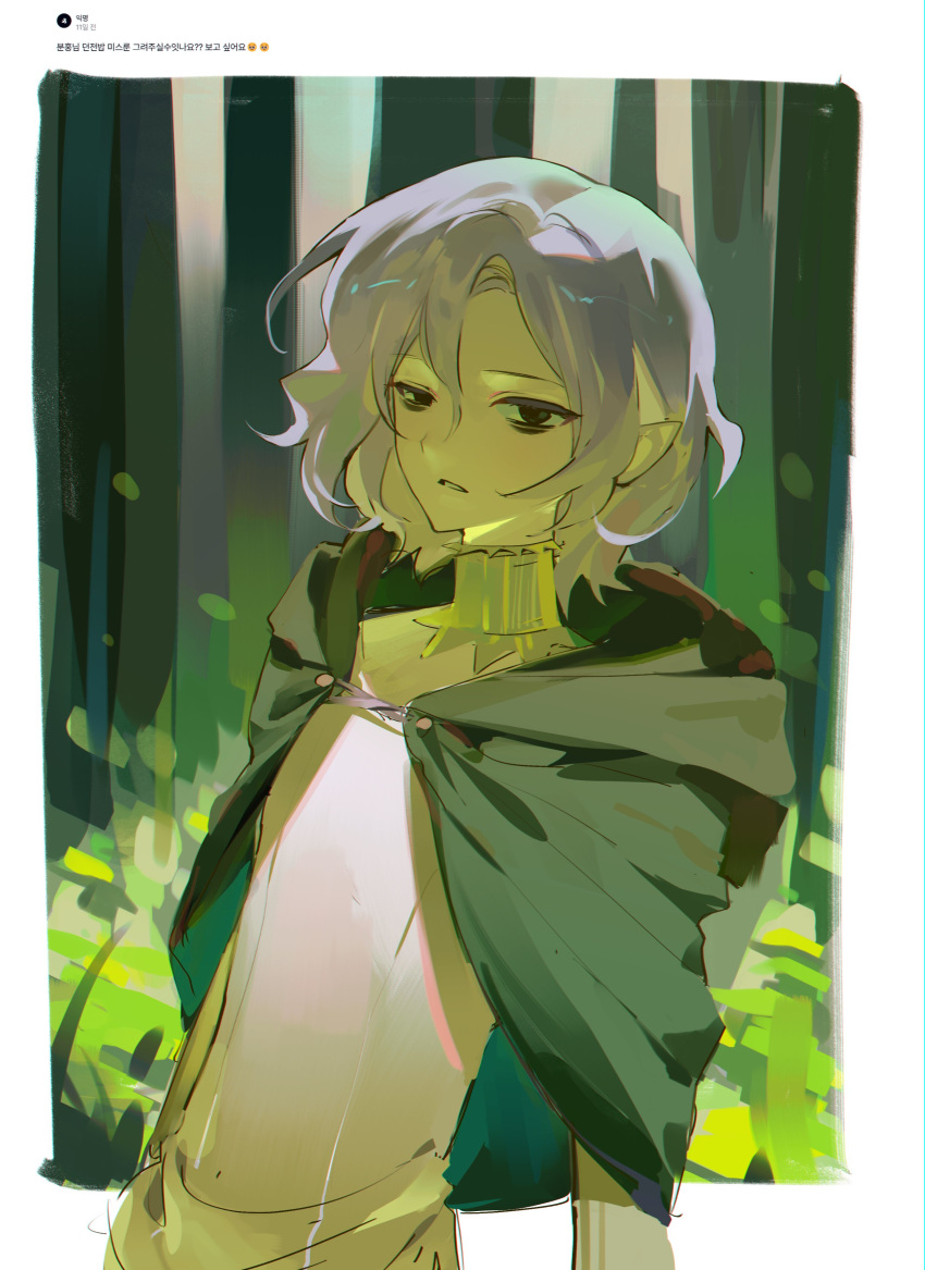 1boy, absurdres, bags_under_eyes, black_eyes, border, bunhong_(pinkpink_shine), cloak, dungeon_meshi