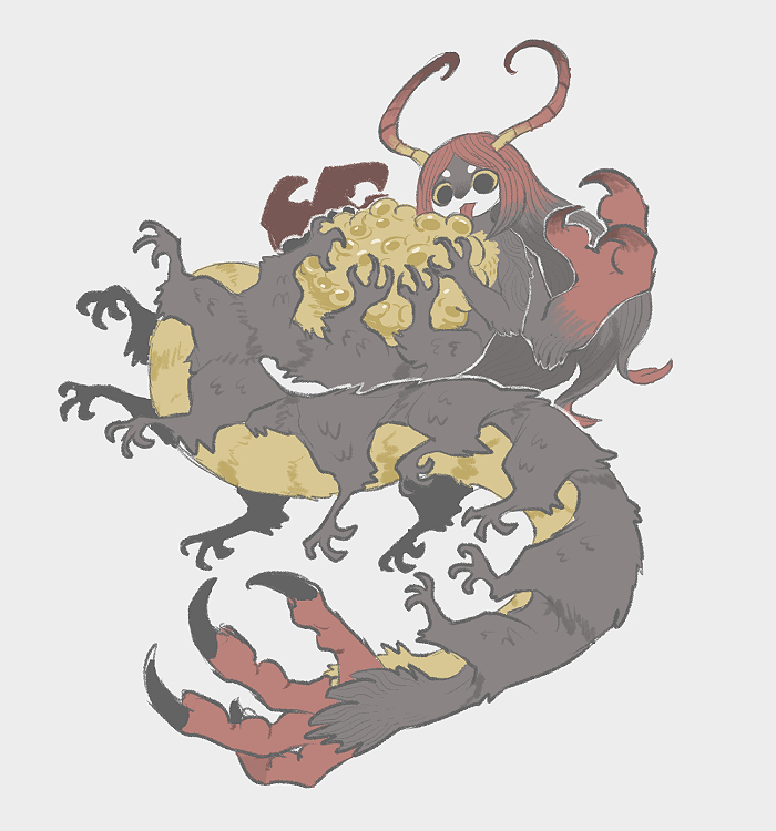 1girl, antennae, arthropod_girl, black_eyes, black_hair, body_fur, centipede_girl, claws, colored_sclera, commentary_request, egg, extra_arms, full_body, grey_background, hand_tail, inkoinko7, licking, long_hair, multiple_legs, original, redhead, simple_background, solo, tongue, tongue_out, very_long_hair, yellow_sclera